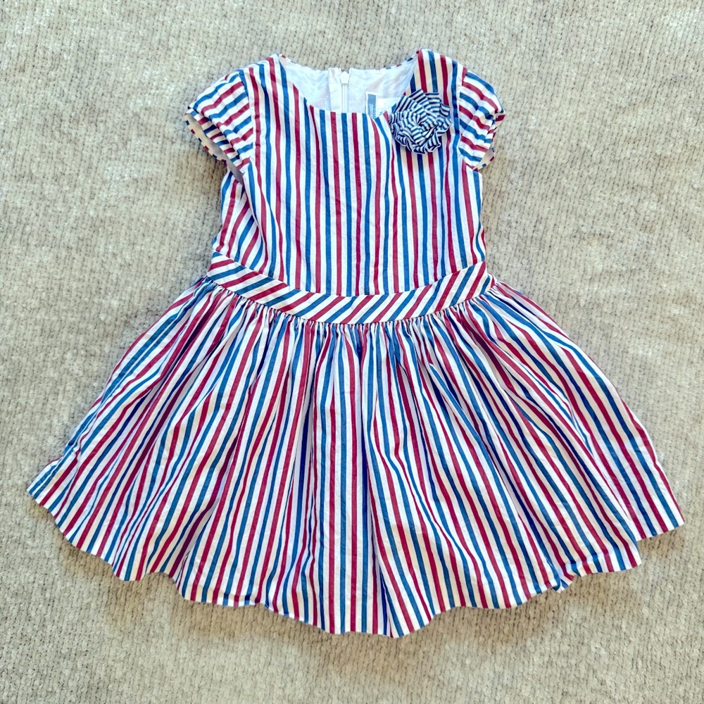 Jacadi Red, Blue & White Striped Cotton Dress with Flower Applique